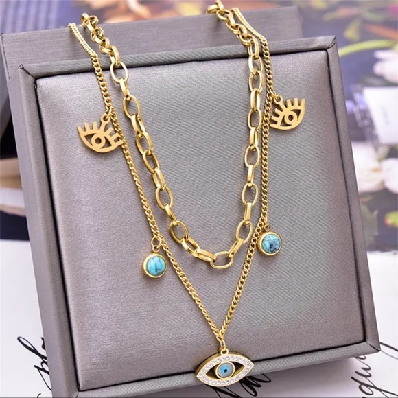 New 2 Layer Gold Tone Evil Eye Charms Stainless Steel Necklace - Picture 1 of 4